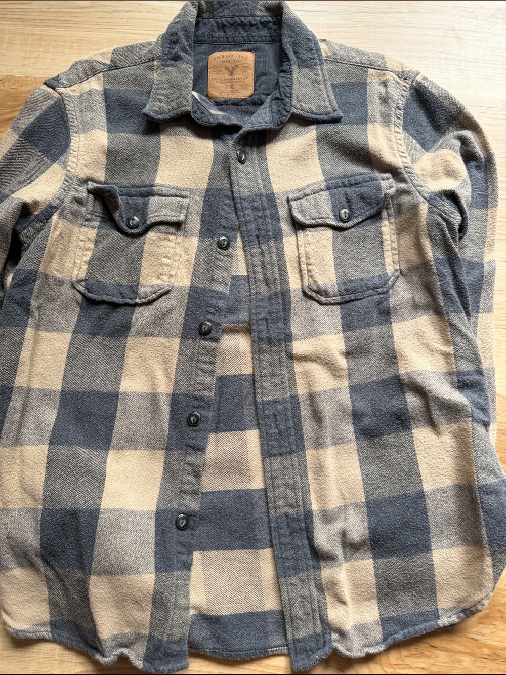 American Eagle Outfitters Beige & Gray Plaid Button-Down Shirt